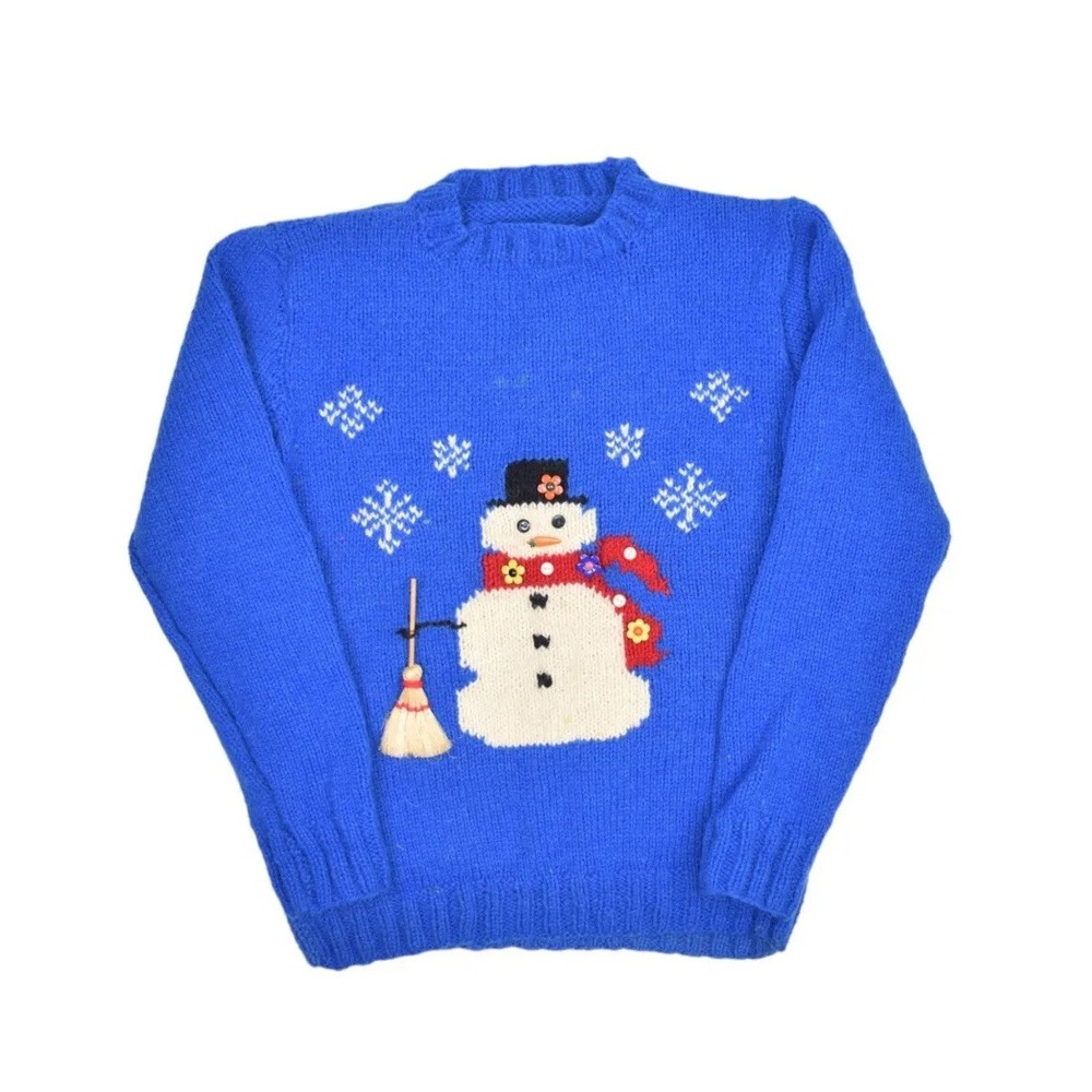 Vintage Christmas Sweater Womens M Blue Snowman Handknit Wool Holiday Crewneck
